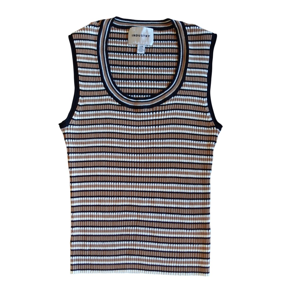 Womens Earthy Brown Striped‎ Ribbed Knit Tank Top L Preppy Academia Minimalist